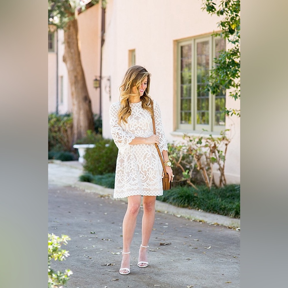 White Lace A-Line Dress with Three-Quarter Sleeves